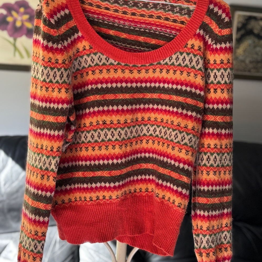 Green orange white red, peach and earth tone Knit V Neck Throwback Sweater